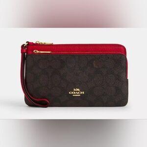 Coach Red and Brown Double Zip Wallet